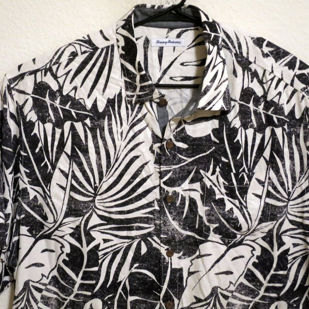 Tommy Bahama Shirt Mens 2XLB Short Sleeve Button Silk Black White Leaves
